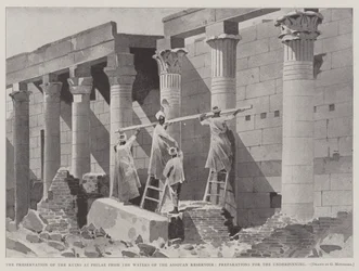 La preservación de las ruinas en Philae de las aguas del embalse de Assouan, preparativos para el apuntalamiento